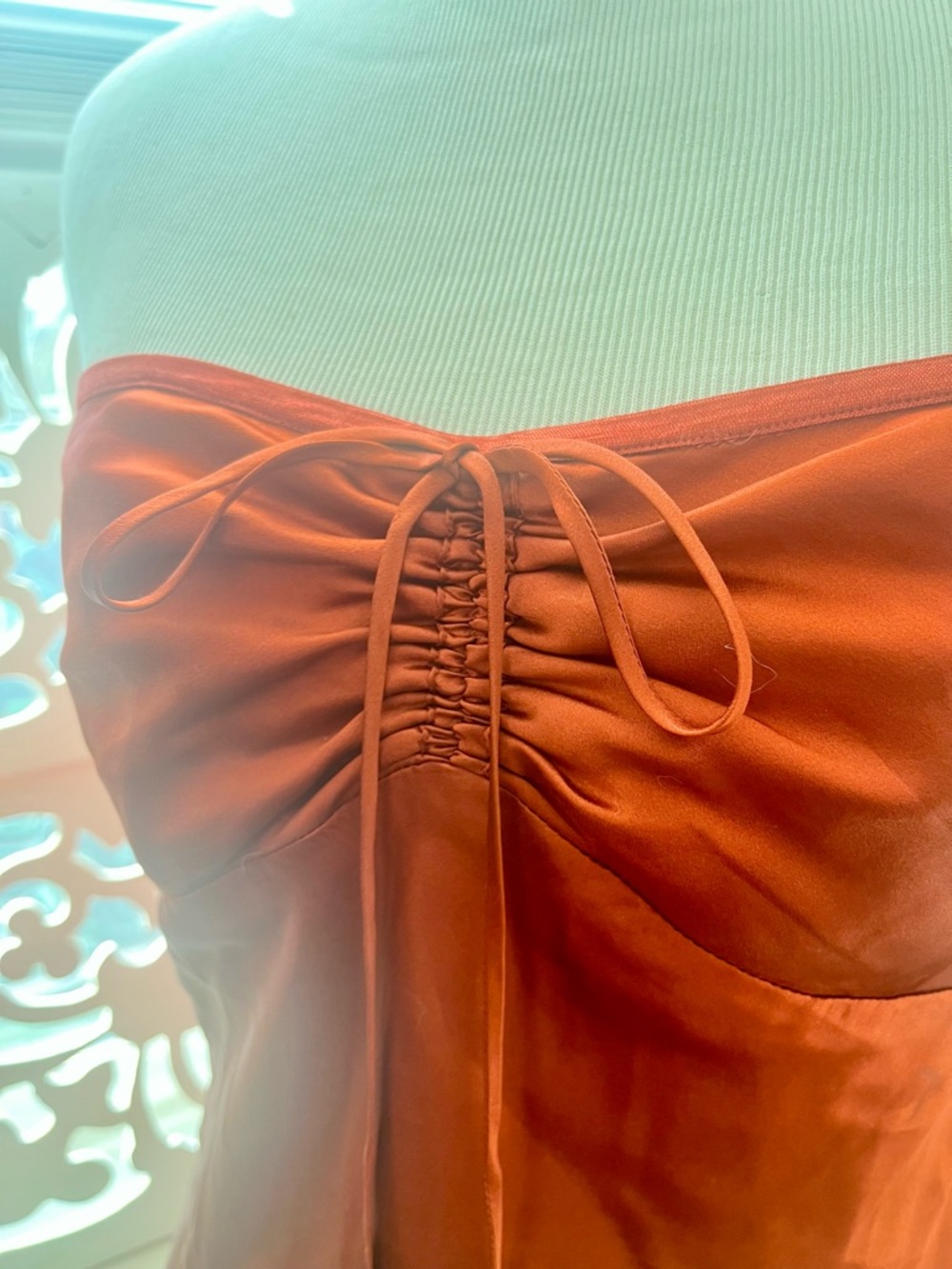Silk Ruched Front Strapless top in Burnt Orange